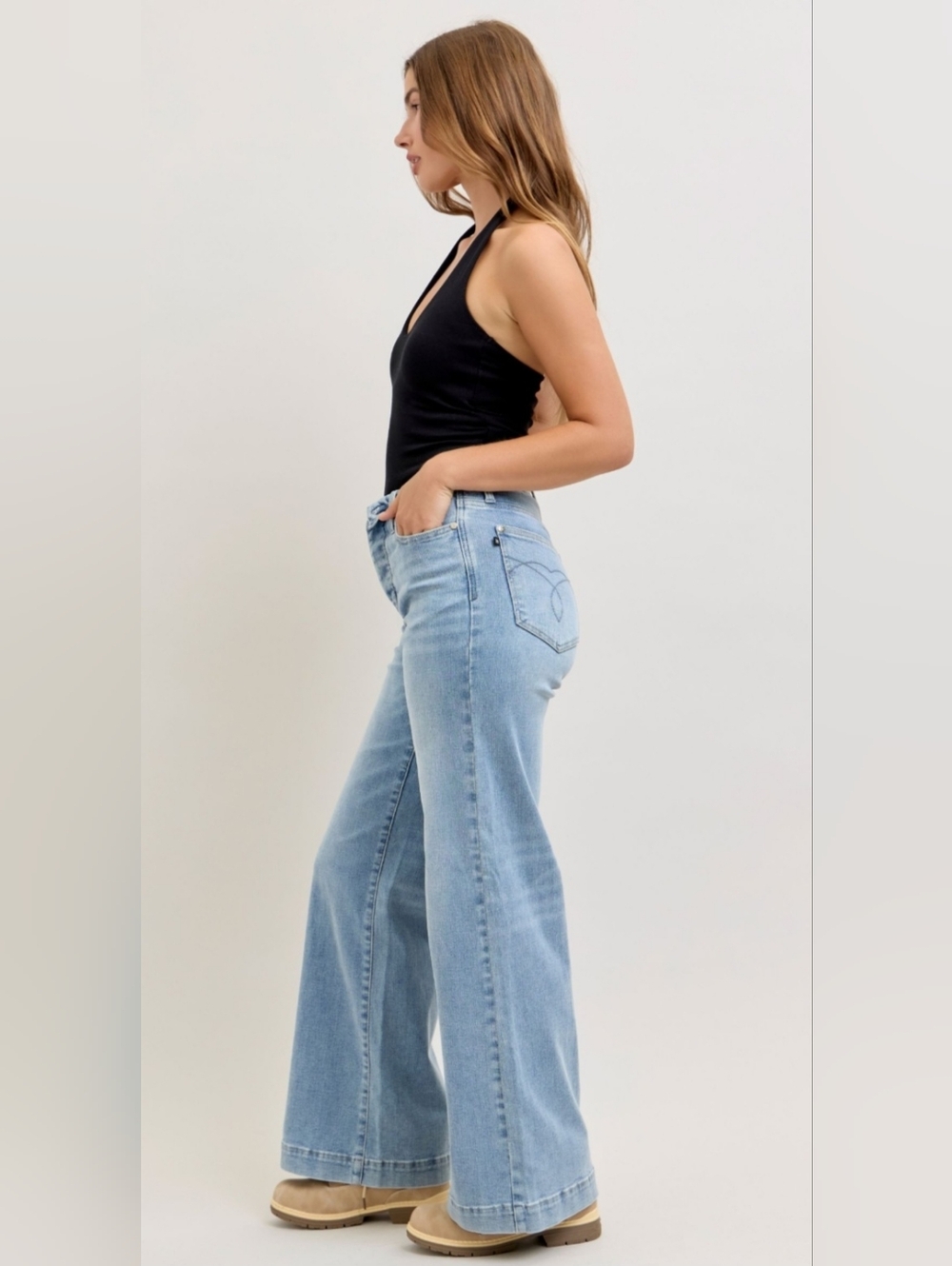 Judy Blue MR Light Wash Retro Wide Leg Jeans Button Fold Over Waist Various NEW - Picture 9 of 16